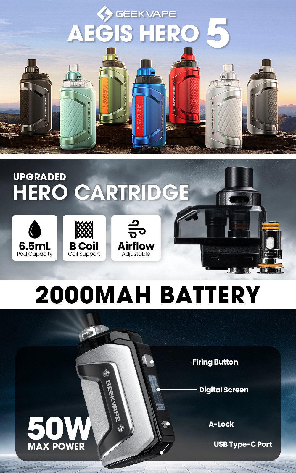 Geek Vape Aegis Hero 5 50W Kit manufacturer infographic