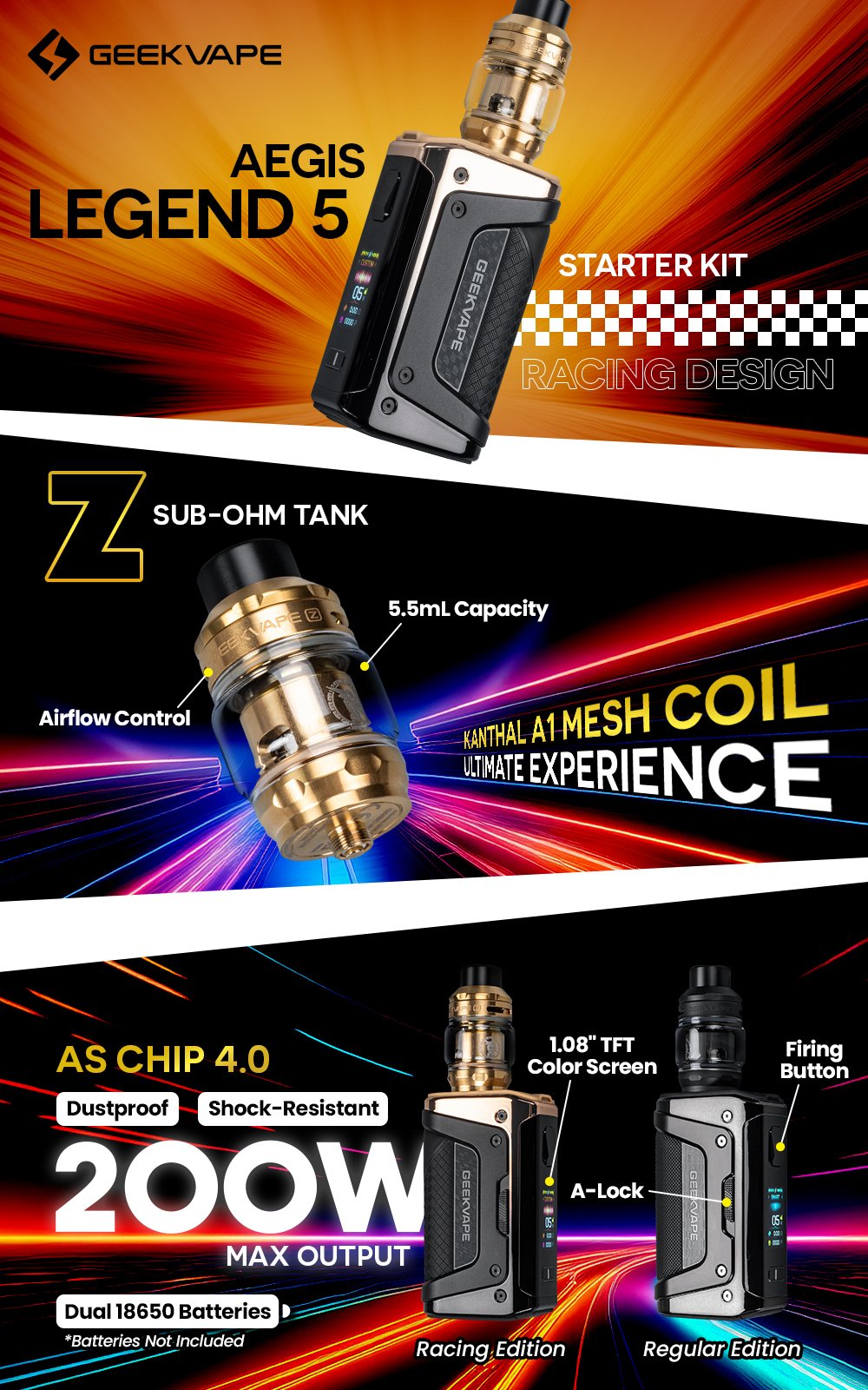 Geek Vape Aegis Legend 5 200W Starter Kit manufacturer infographic