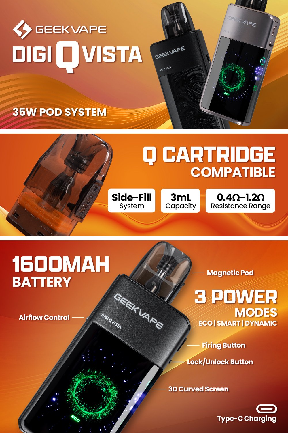Geek Vape Digi-Q VISTA 35W Pod System manufacturer infographic