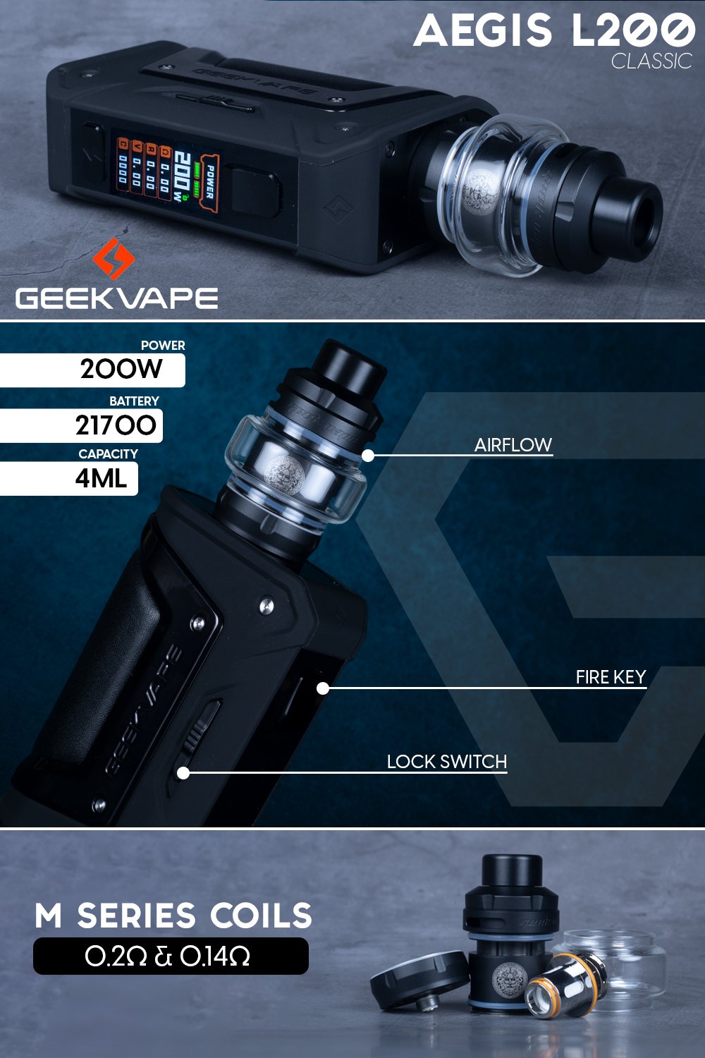 Geek Vape L200 Classic 200W Starter Kit manufacturer infographic