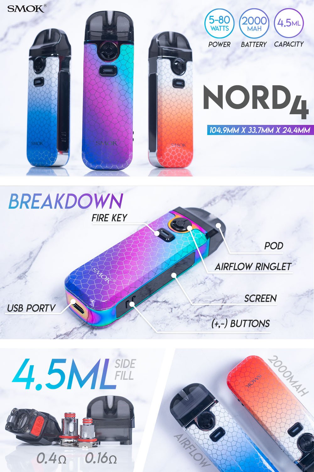 SMOK nord 4 80W Pod Kit manufacturer infographic