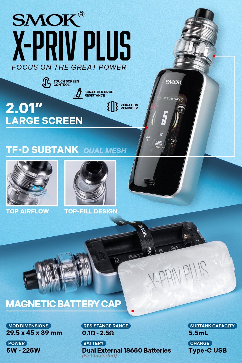 SMOK X-PRIV PLUS 225W Starter Kit manufacturer infographic