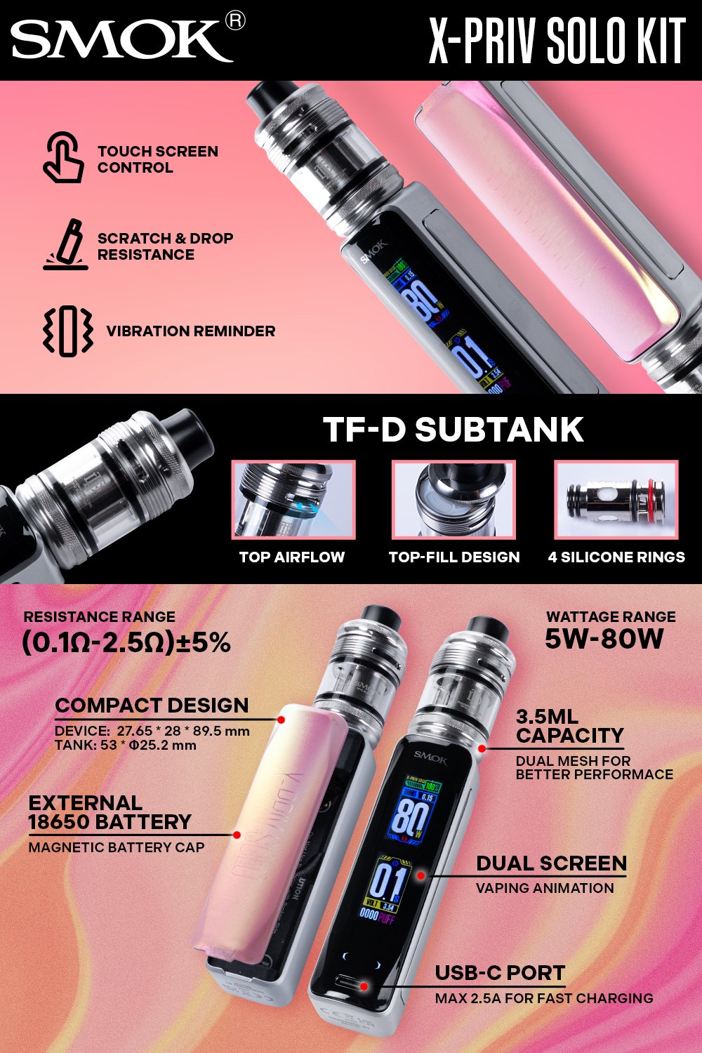 SMOK X-PRIV SOLO 80W Kit manufacturer infographic