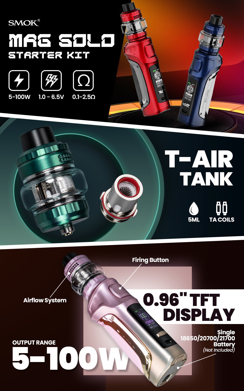 SMOK MAG Solo 100W Starter Kit manufacturer infographic