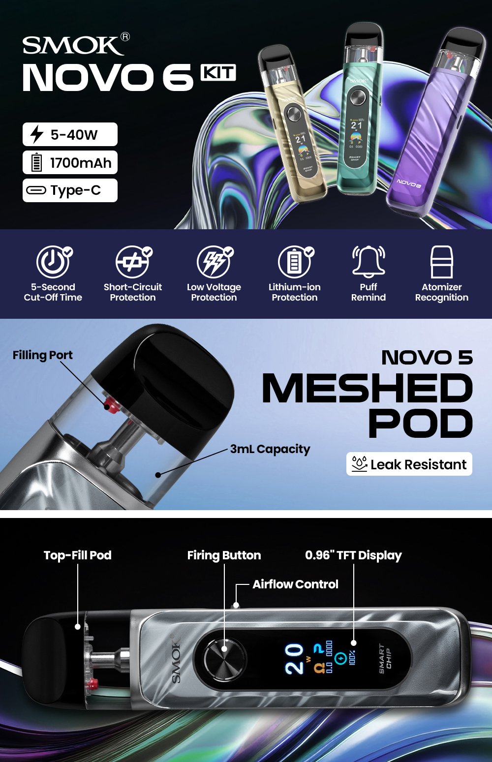 SMOK NOVO 6 40W Pod System manufacturer infographic