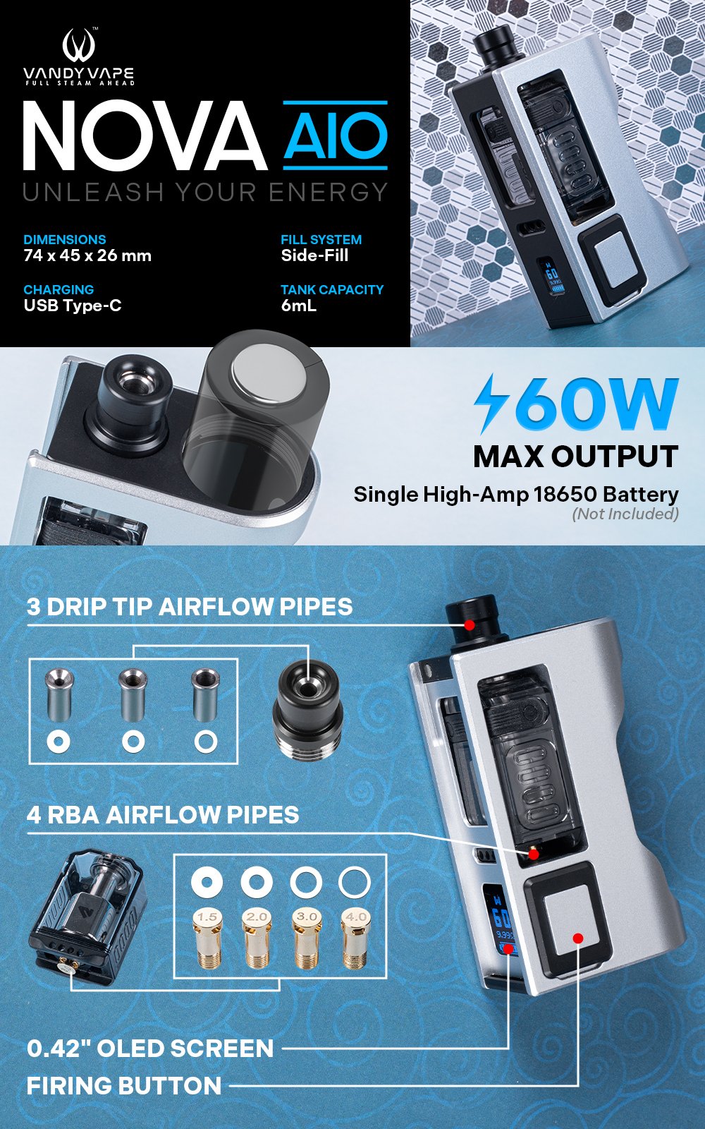 Vandy Vape NOVA AIO 60W Kit manufacturer infographic