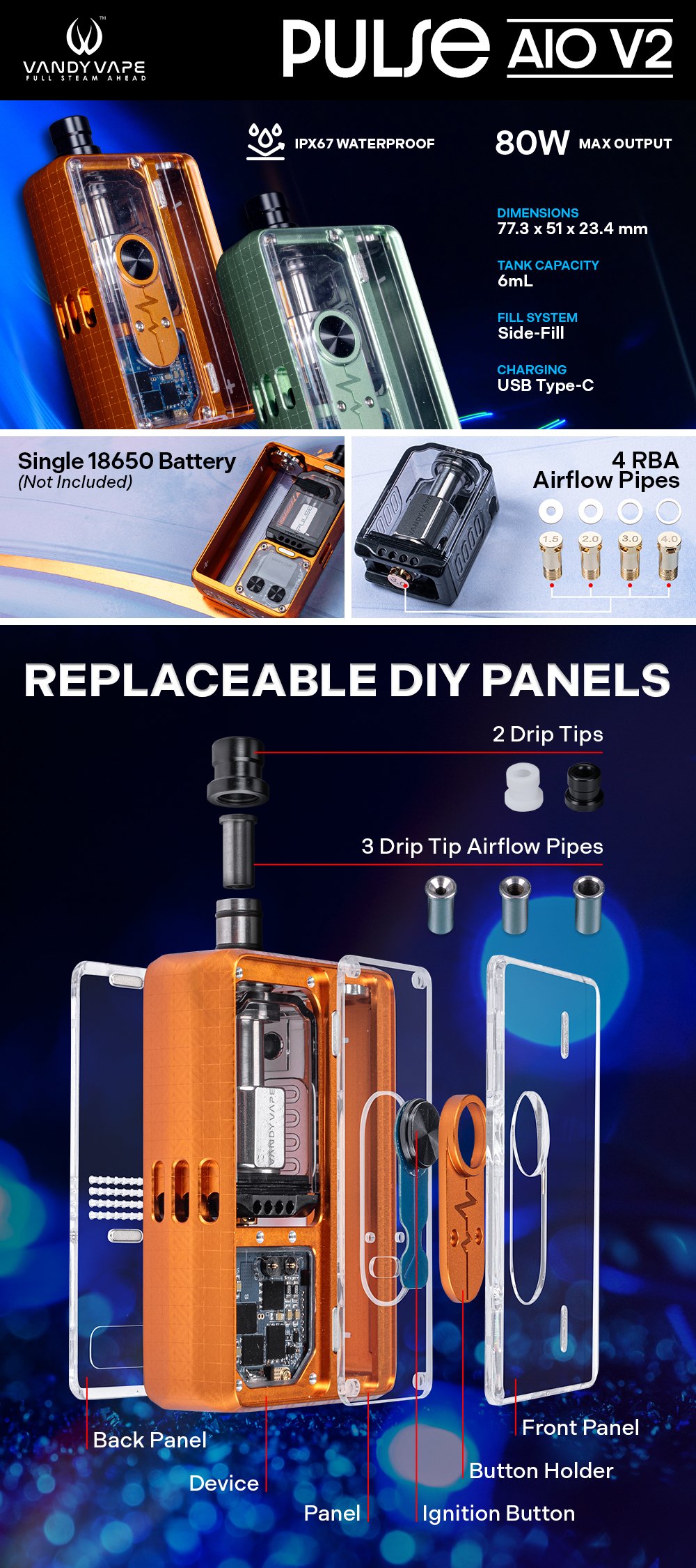 Vandy Vape Pulse AIO V2 80W Kit manufacturer infographic