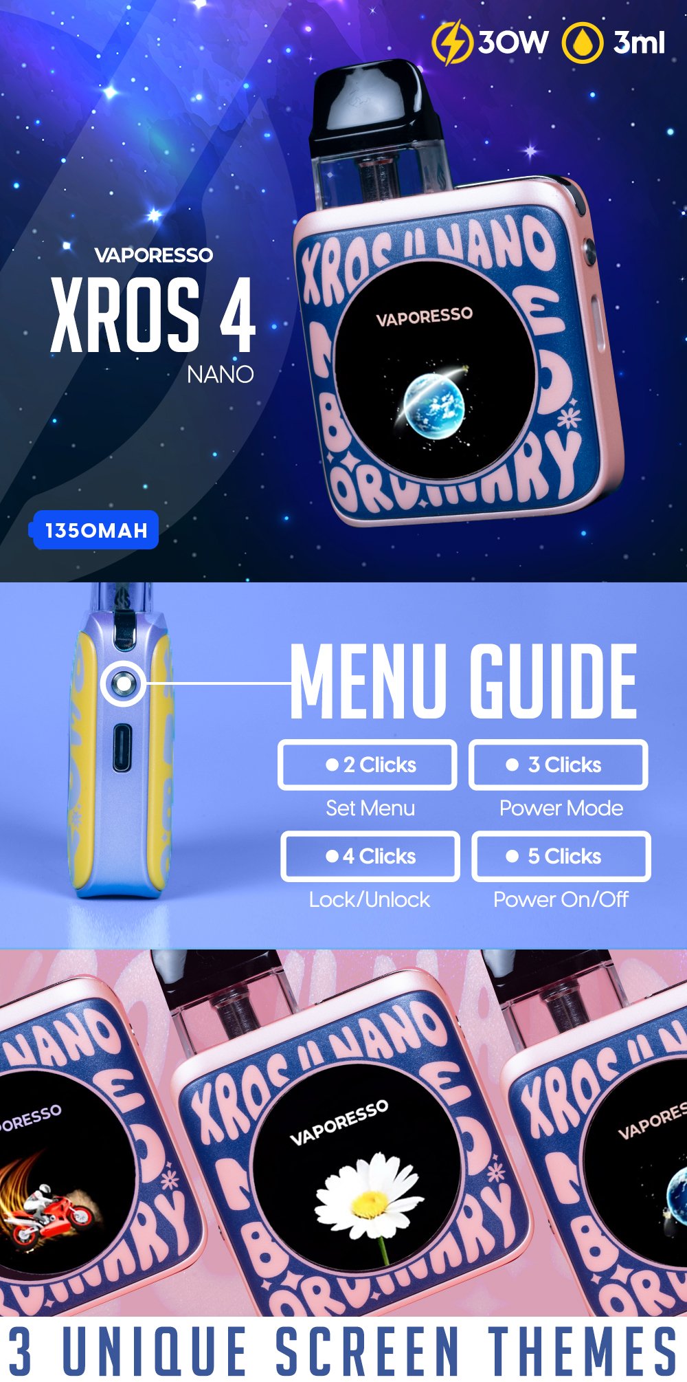 Vaporesso XROS 4 Nano 30W Pod System manufacturer infographic