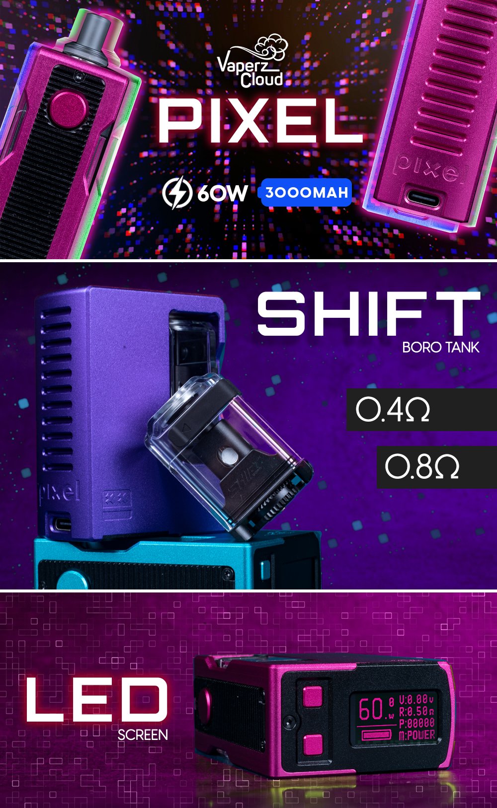 Vaperz Cloud PIXEL AIO 60W Boro Kit manufacturer infographic