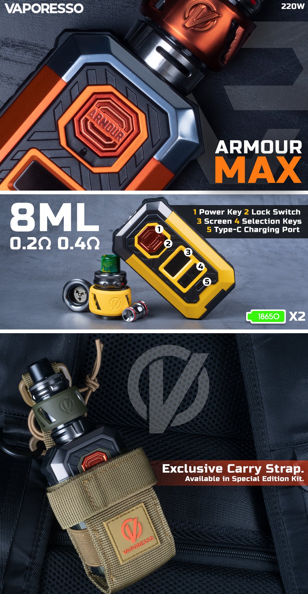 Vaporesso Armour MAX 220W Starter Kit manufacturer infographic