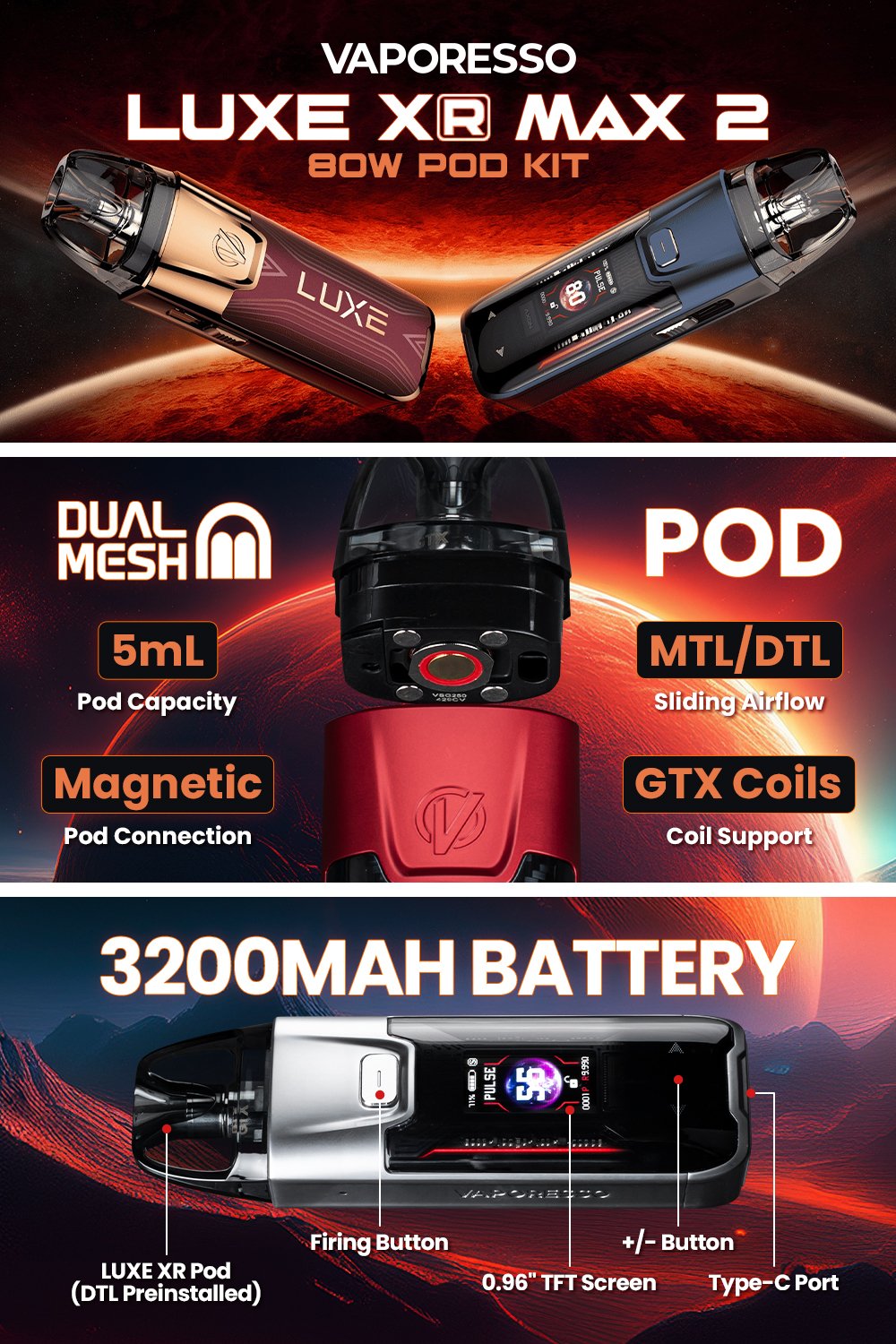 Vaporesso LUXE XR MAX 2 Pod Kit manufacturer infographic