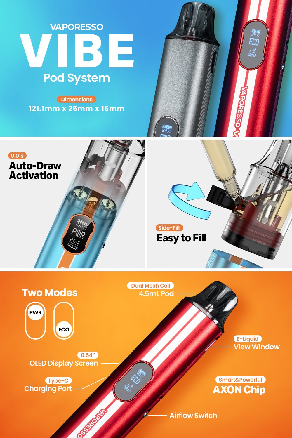 Vaporesso VIBE Pod System manufacturer infographic